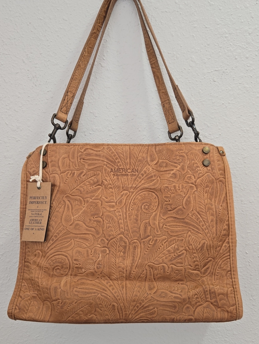 American Leather Co. Tooled Floral Light Briwn Leather Purse